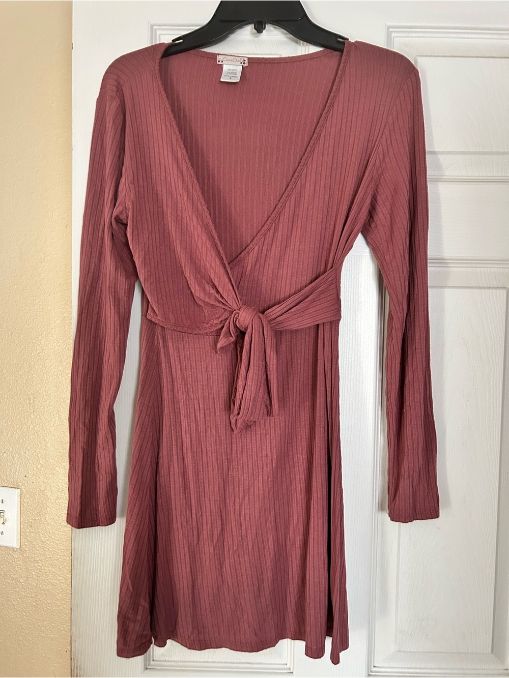 Ribbed Wrap-Front Long Sleeve Dress - Mauve Pink